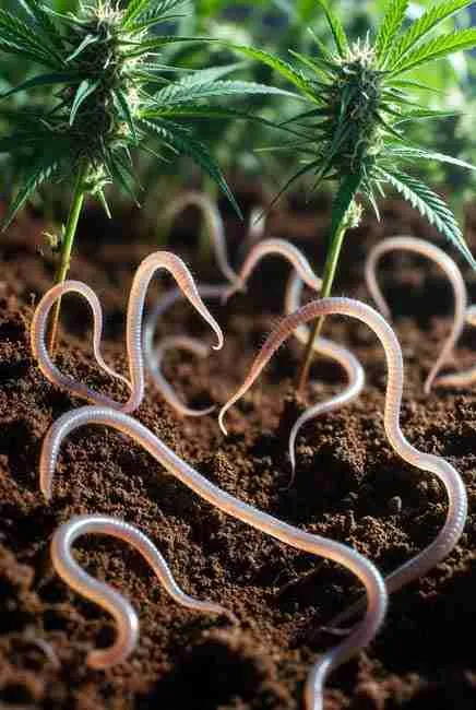 Beneficial nematodes for cannabis shown as microscopic worm-like organisms in rich organic soil near healthy cannabis roots acting as natural pest control allies