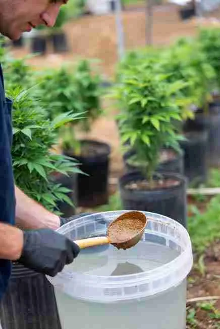 Grower gently stirring beneficial nematodes into cool water to prepare organic soil drench recipe for cannabis plants in pots, avoiding damage to nematodes during mixing process