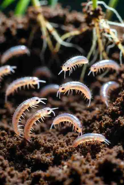 Close-up realistic depiction of beneficial nematodes entering pest larvae through natural openings in soil, releasing symbiotic bacteria to kill root pests like fungus gnats and root aphids for cannabis protection