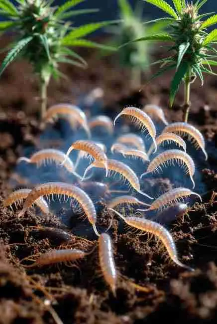 Beneficial nematodes for cannabis actively hunting root pest larvae in moist organic soil near cannabis plants showing their torpedo-like movement for natural pest control