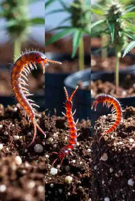Close-up of the three best beneficial nematode species for cannabis cultivation shown in soil near healthy cannabis seedlings highlighting their different sizes and shapes for targeted root protection