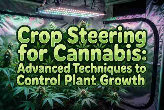 Crop Steering for Cannabis: Advanced Techniques to Control Plant Growth – vibrant cannabis grow room header with cannabis leaf filled bubble text for crop steering cannabis guide