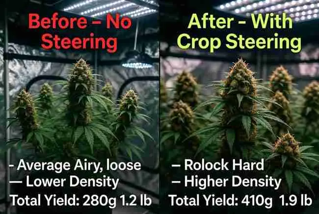 Real before and after yield comparisons with cannabis crop steering techniques showing 46% increase from 280g to 410g using vegetative and generative steering on Green Avenger Seeds autoflowers