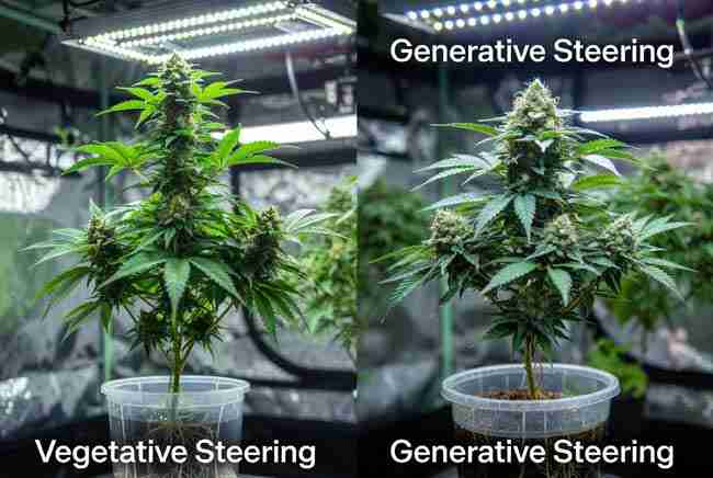 Side-by-side comparison of vegetative steering versus generative steering marijuana plants showing bushy veg growth next to dense flowering buds in crop steering cannabis