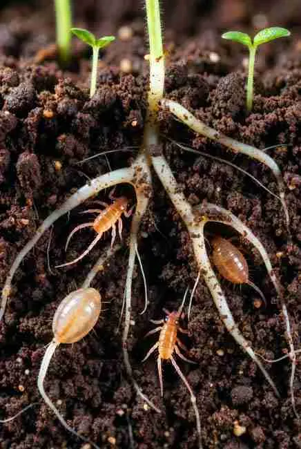 Photorealistic cross-section of organic cannabis soil showing the full life cycle of beneficial nematodes including infective juveniles activating, infecting root pest larvae, symbiotic bacteria killing hosts, reproduction inside cadavers, and new juveniles emerging near healthy white cannabis roots