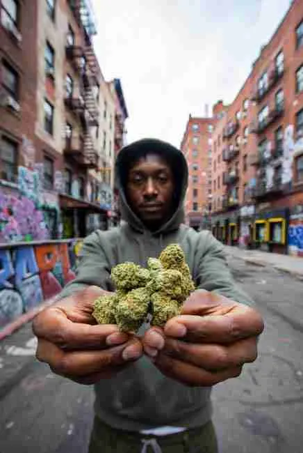 Street-level view of a person in a hoodie holding fresh Sour Diesel cannabis nugs in Brooklyn New York alley with brick buildings and graffiti walls