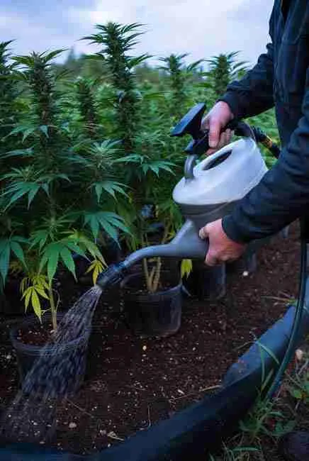 Grower applying beneficial nematodes cannabis by pouring nematode solution from a watering can over moist soil around healthy potted cannabis plants during evening application for organic pest control