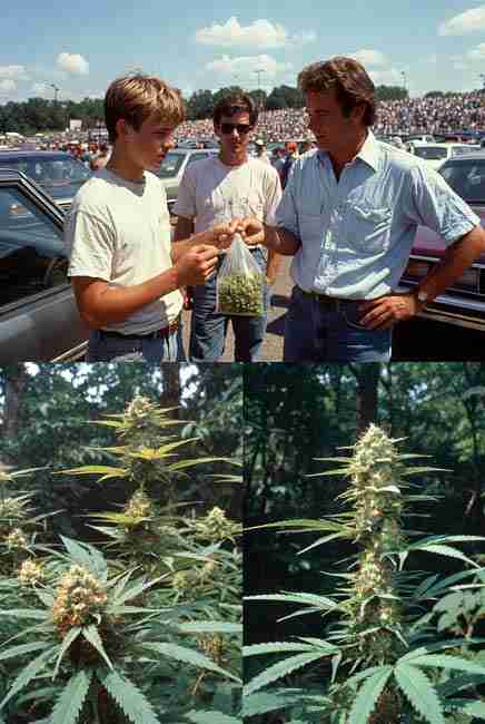 Grateful Dead show parking lot transaction in June 1991 where a young man buys a bag of high-quality cannabis buds containing thirteen seeds from two older vendors under clear blue sky