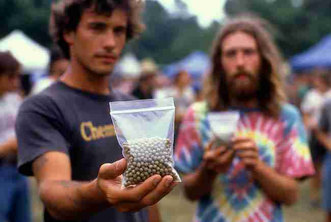 Early 1990s Grateful Dead parking lot scene with Chemdog holding a bag of Dog Bud cannabis and Sour Diesel seeds at a concert
