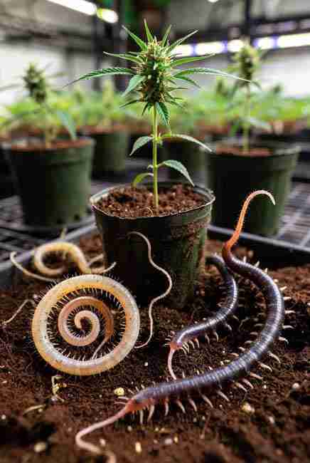 Realistic view of beneficial nematodes for cannabis in soil around potted cannabis plants representing Steinernema feltiae, Heterorhabditis indica, and Steinernema carpocapsae species for organic pest control