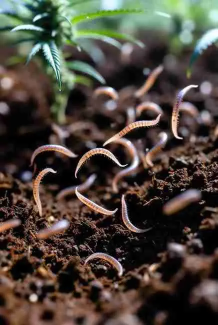 Close-up realistic view of beneficial nematodes in dark cannabis growing soil targeting root pests like fungus gnats and root aphids for organic protection