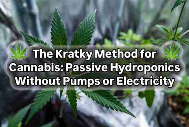 Kratky method cannabis setup showing net pot and reservoir for passive hydroponics without pumps