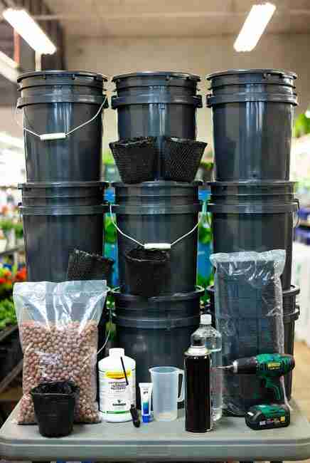 All materials laid out for Kratky cannabis setup 2026 including opaque black 5-gallon buckets, net pots, clay pebbles, hydroponic nutrients, pH kit, drill, Rockwool cubes, and black spray paint for passive hydroponics cannabis without pumps
