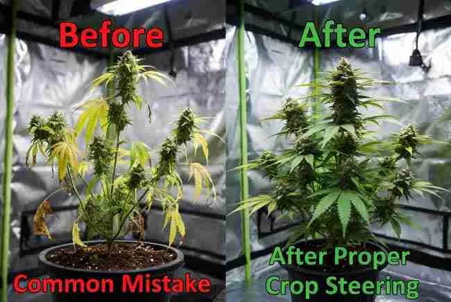 Side-by-side comparison of vegetative steering versus generative steering marijuana plants showing bushy veg growth next to dense flowering buds in crop steering cannabis