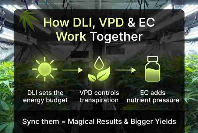 How Daily Light Integral, VPD, and EC work together in cannabis crop steering techniques showing DLI energy budget, VPD transpiration control, and EC nutrient pressure for bigger yields