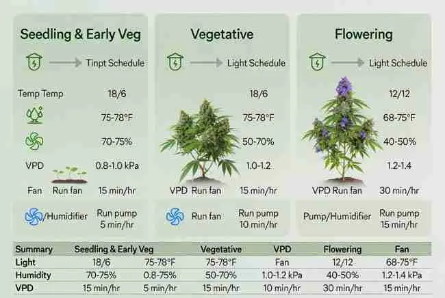 IoT automation rules table and visuals for cannabis seedling, vegetative and flowering stages with light, temp, humidity, VPD, fan and pump schedules