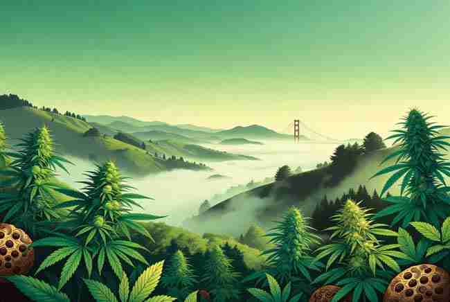 Stunning sunset view of an outdoor Girl Scout Cookies cannabis garden in the misty California hills with fog rolling over the Bay Area landscape
