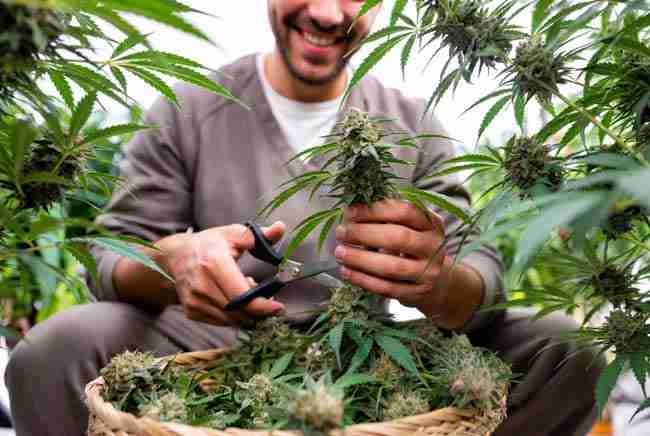Cannabis grower checking Girl Scout Cookies plant for spider mites and mold with magnifying glass and airflow fan