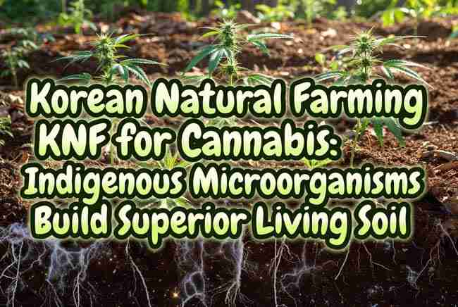 Korean Natural Farming KNF for Cannabis: Indigenous Microorganisms Build Superior Living Soil - Vibrant featured blog header showing bold bubble cannabis leaf title over lush living soil teeming with beneficial indigenous microorganisms and healthy thriving cannabis plants