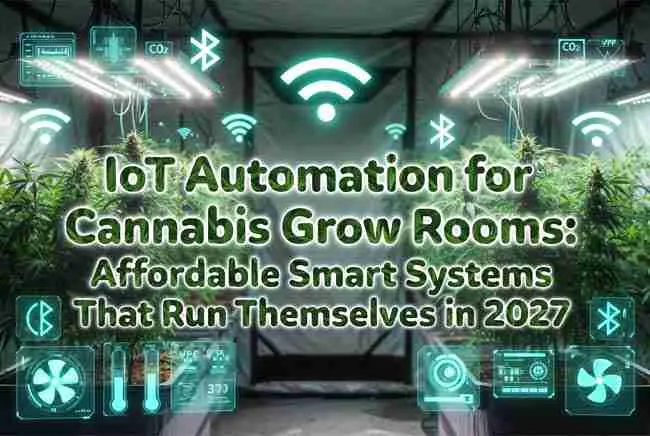 Futuristic 2027 IoT cannabis grow room automation setup showing lush green plants under LED lights with glowing smart sensors, WiFi signals, temperature, humidity, VPD and CO2 monitors, and the title "IoT Automation for Cannabis Grow Rooms: Affordable Smart Systems That Run Themselves in 2027" displayed in bold cannabis leaf-filled bubbly text