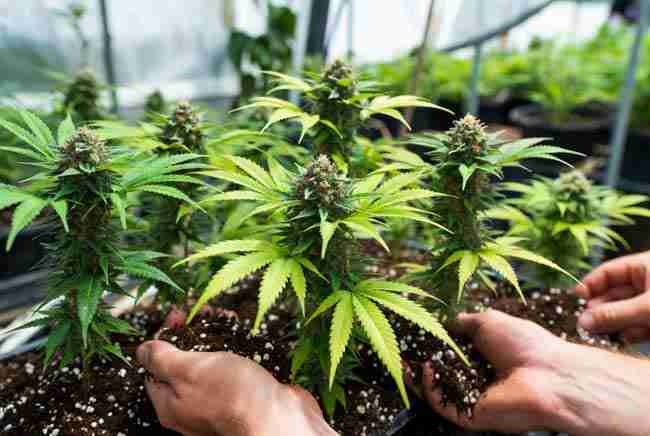 Healthy cannabis plants being cultivated with nutrients for high flavonoid production