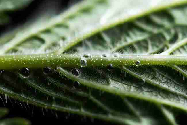 Macro view of cannabis leaf stomata and transpiration process explained by vapor pressure deficit VPD cannabis
