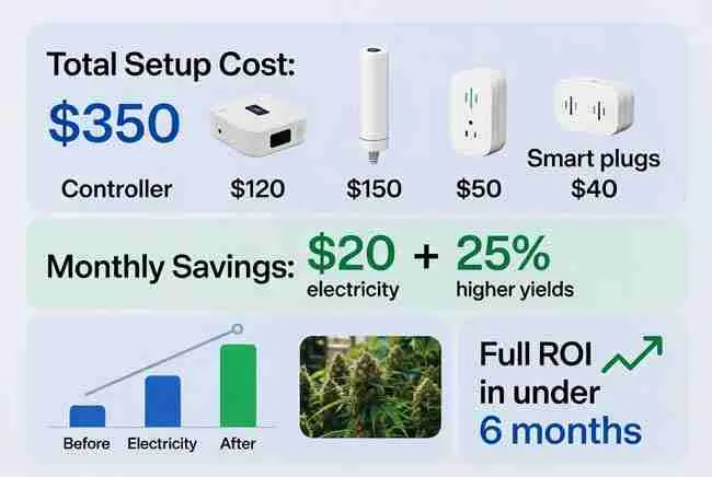 IoT cannabis grow room cost breakdown and ROI infographic showing $350 setup, monthly savings and payback in under 6 months