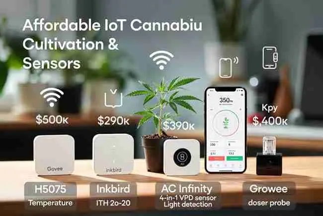 Budget-friendly IoT sensors for cannabis grow room including Govee, Inkbird, AC Infinity VPD, EC and CO2 monitors with smartphone app integration