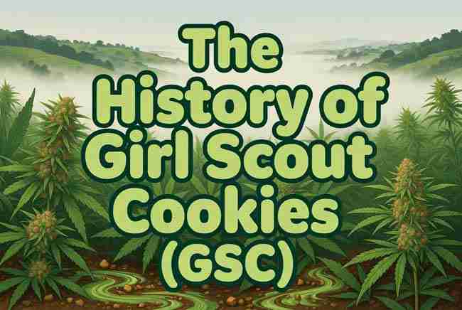 Main image for The History of girl scout cookies with bubble text title over background cannabis plant