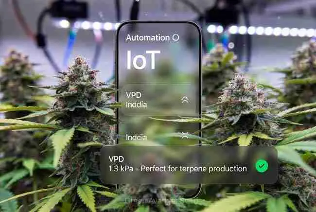 Green Avenger Seeds Blueberry and Indica cannabis strains thriving in IoT automated grow room with precise VPD and nutrient control for maximum terpenes and yields