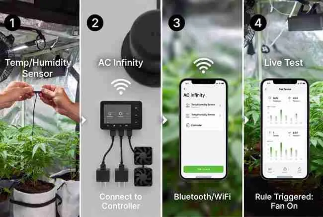 Step-by-step IoT cannabis grow room automation setup guide showing sensor installation, controller wiring, app pairing and testing