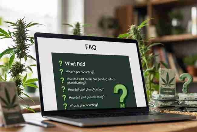 Laptop displaying FAQ page with green question mark icons and cannabis plants in background for phenohunting cannabis questions