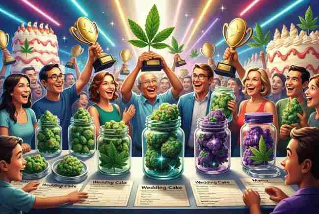 Bustling cannabis awards ceremony and dispensary with sparkling Wedding Cake buds and celebratory atmosphere