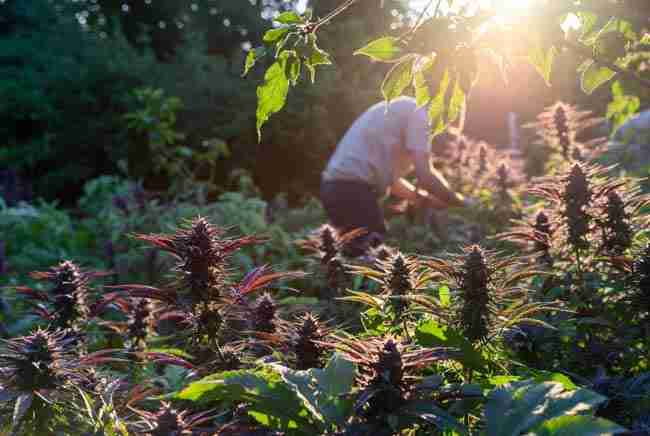 Dedicated cannabis breeder tending vibrant purple plants in a sunny California garden at golden hour, representing the origins of Granddaddy Purple Cannabis