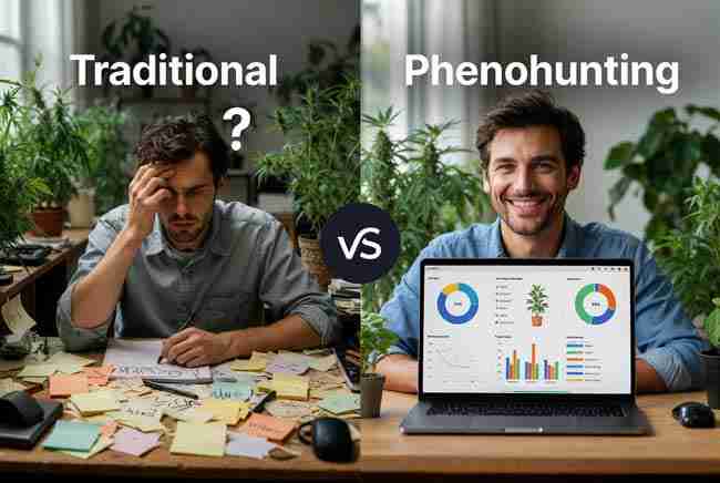 Split comparison of traditional messy phenohunting with sticky notes versus modern data-driven phenohunting with laptop charts and happy grower