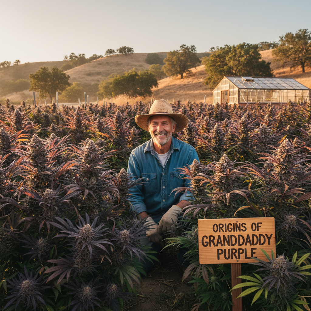 Dedicated cannabis breeder tending vibrant purple plants in a sunny California garden at golden hour, representing the origins of Granddaddy Purple Cannabis