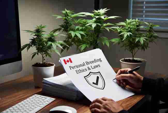 Home office desk with legal documents, shield icon, and cannabis plants representing legal and ethical considerations for personal phenohunting
