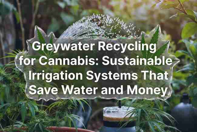 Eye-catching header showing lush cannabis plants watered by a sustainable greywater recycling system with barrels and filtration, featuring the article title in stylish bubble text with cannabis leaf details.