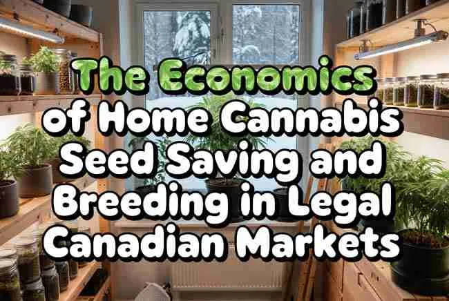 The Economics of Home Cannabis Seed Saving and Breeding in Legal Canadian Markets hero image showing a cozy Canadian home grow room with healthy mother plants, organized seed jars, and LED lighting