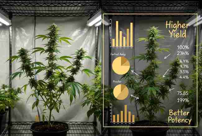Side-by-side cannabis plants in grow room with data charts highlighting a visually average plant as the hidden high-performing winner