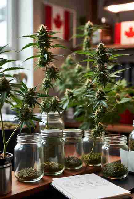 Legal Canadian home cannabis seed saving scene with mature plants, glass jars of harvested seeds, notebook, and Canadian flags in a well-organized indoor grow space
