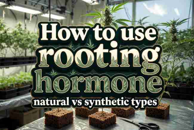 How to use rooting hormone, natural vs synthetic types - Cannabis cloning guide header with grow room background