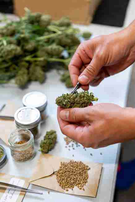 Hands-on home cannabis seed saving steps showing careful harvesting of mature seeds from dried buds with organized jars, envelopes, and workspace