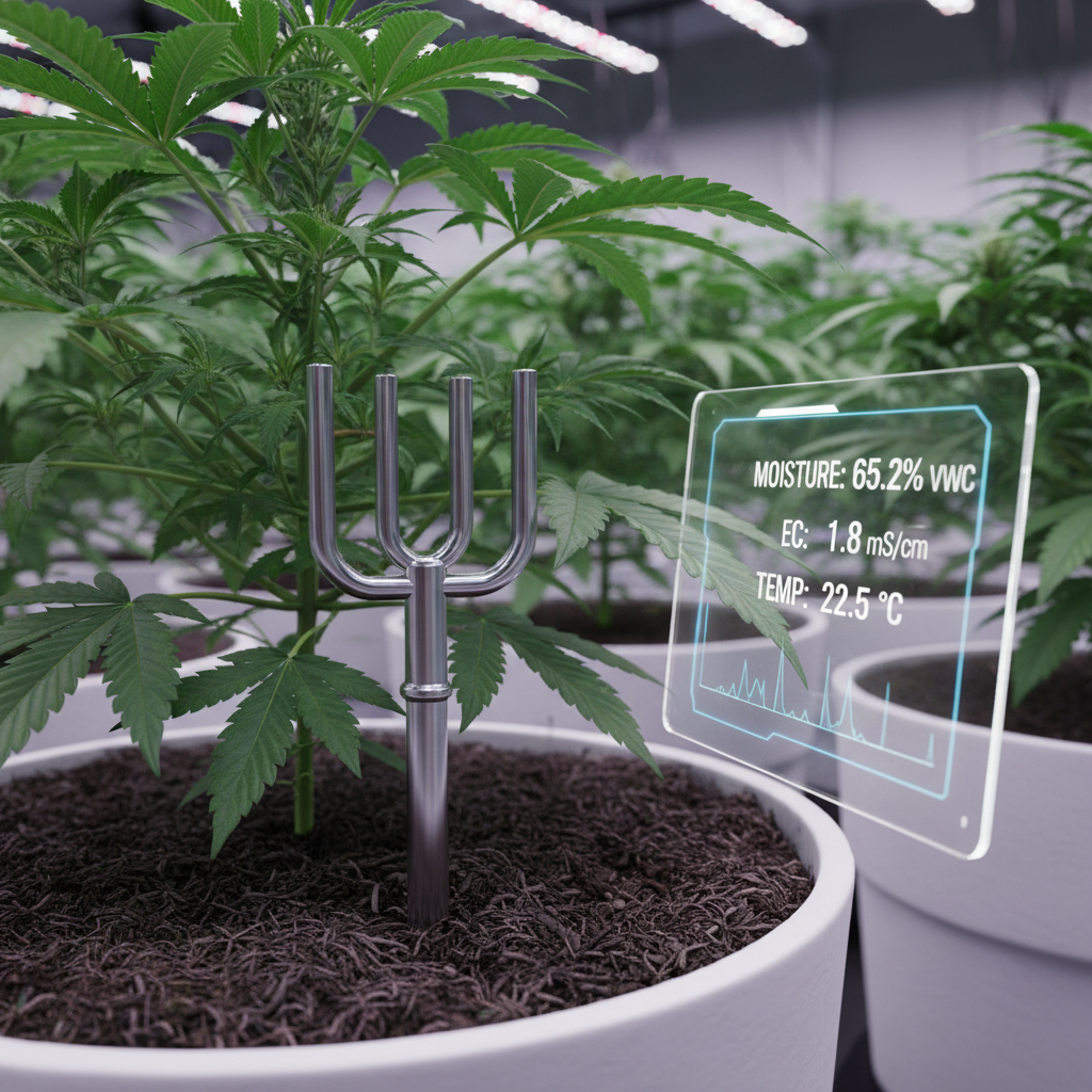 Substrate sensors for cannabis cultivation track the three most critical data points within the root zone: moisture (volumetric water content), electrical conductivity (EC), and temperature. Volumetric Water Content (VWC) provides a real-time percentage of the water volume currently held in the medium, allowing growers to manage "dry backs" and implement precision irrigation strategies that steer the plant toward either vegetative or generative growth. Electrical conductivity (EC) readings measure the total concentration of dissolved salts, acting as a vital safeguard against nutrient lockout or toxic salt accumulation that can stunt flower development. Finally, root zone temperature monitoring ensures the environment remains within the optimal range for maximum oxygen solubility and metabolic activity, while simultaneously protecting the plant from the threat of root-borne pathogens like Pythium. By mastering these three metrics, cultivators can move beyond guesswork to data-driven irrigation and fertigation that maximizes both final yield and cannabinoid potency.