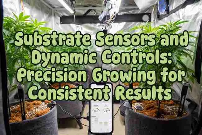 Substrate sensors cannabis precision growing title banner with healthy plants and real-time root zone monitoring app in grow tent