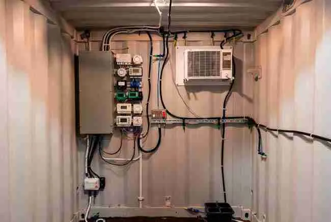 Electrical panel, timers, mini-split AC unit, and drip irrigation system inside a modular shipping container cannabis grow