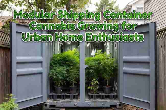 Modular shipping container cannabis grow in an urban backyard with open doors revealing healthy plants and custom title overlay