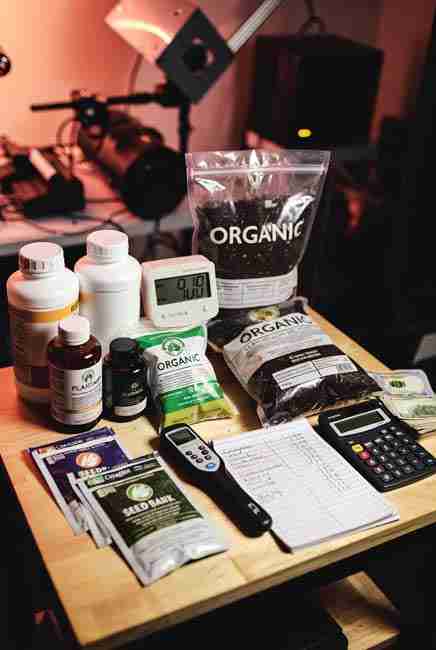 Cannabis breeding cost analysis Canada supplies laid out on a table including nutrient bottles, organic soil, seed packets, calculator, electricity monitor, and notepad