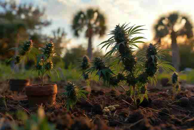 OG Kush Seeds Florida bag seed origins in the early 1990s showing lush plants and scattered cannabis seeds in a nostalgic golden hour backyard grow
