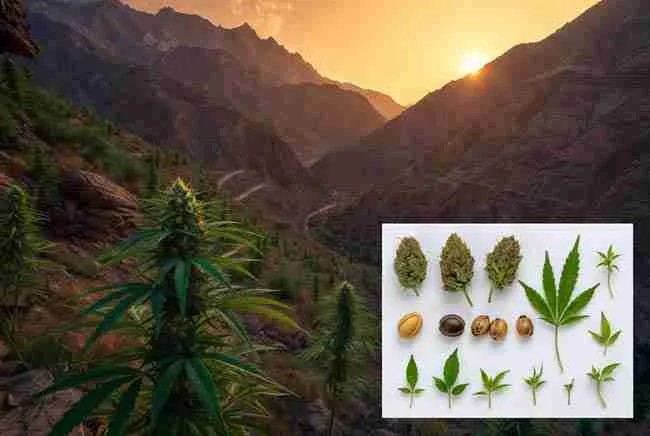 OG Kush Seeds genetic lineage and Hindu Kush landrace roots in a majestic mountain landscape with wild hardy cannabis plants at sunrise